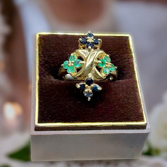 🌺Vintage 18K/925 Genuine Emerald & Sapphire Ring - Picture 5 of 11
